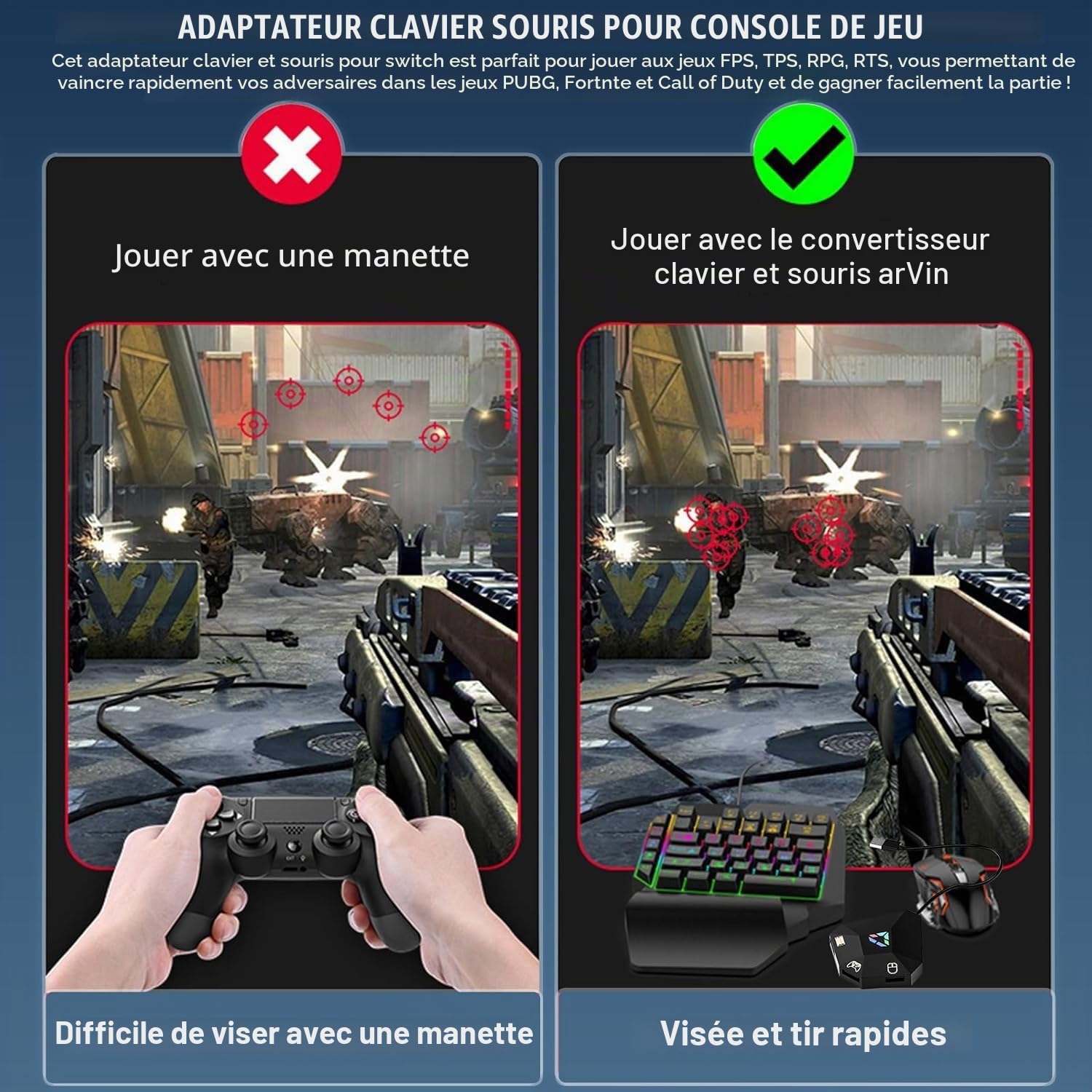 arVin Adaptateur clavier et souris pour Nintendo Switch, convertisseur clavier et souris filaire pour PS4/PS3/Xbox One/Xbox 360 Console, adaptateur supportant le mappage personnalisé