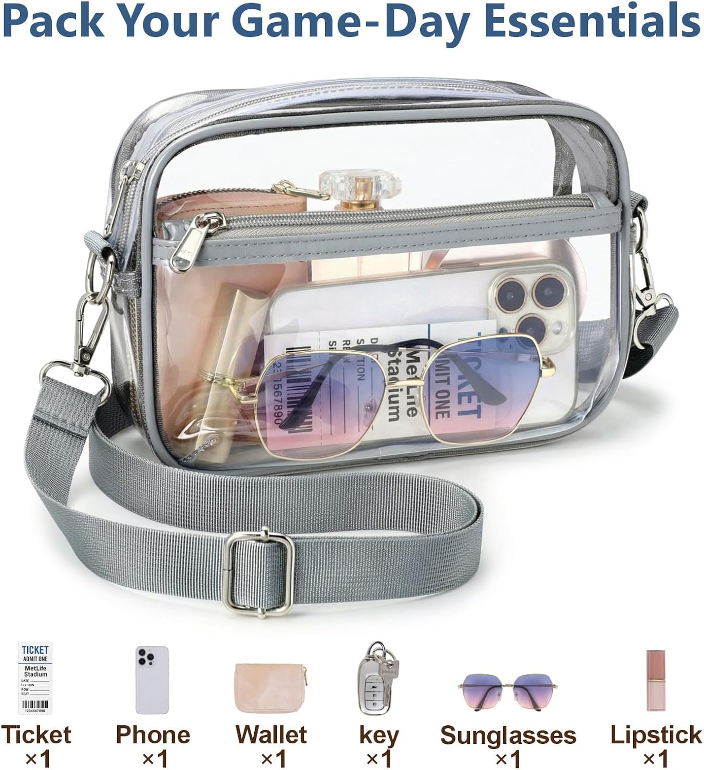  Clear Bag for Stadium Events - Small Clear Purse Crossbody Bag | Adjustable Wide Strap, 2 Easy Access Pockets, Thick 0.5mm PVC, for Sports Game Day Concerts Festival, Women Clear Stadium Bag thumbnail