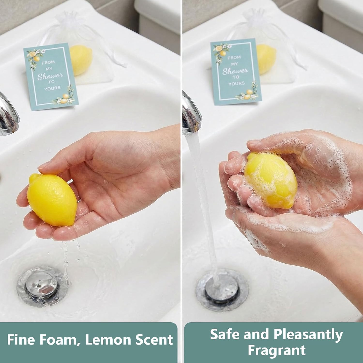 50 Set Wedding Lemon Soap Favors, Bridal Shower Favors Lemon Party Favors Natural Soap Bar Wedding Gifts with from My Shower to Yours Cards and White Gauze Bags
