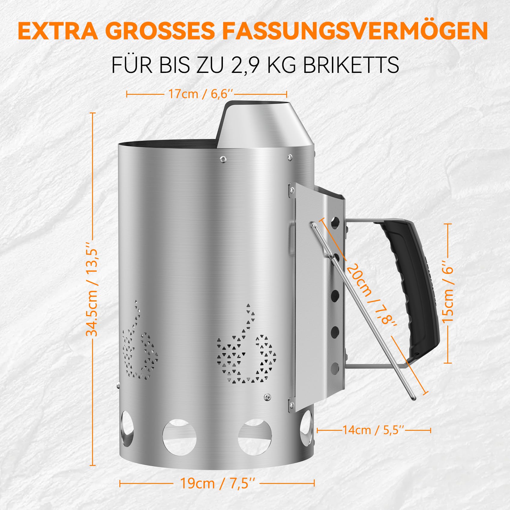 onlyfire Anzündkamin Grill, Hochwertiger Anzündkamin Edelstahl, Groß Grillkohle Anzündkamin 34,5cm Höhe, Grillkohlezünder für Holzkohle, Briketts, Ø 19cm Runder Grillkamin, Kohleanzünder Grill