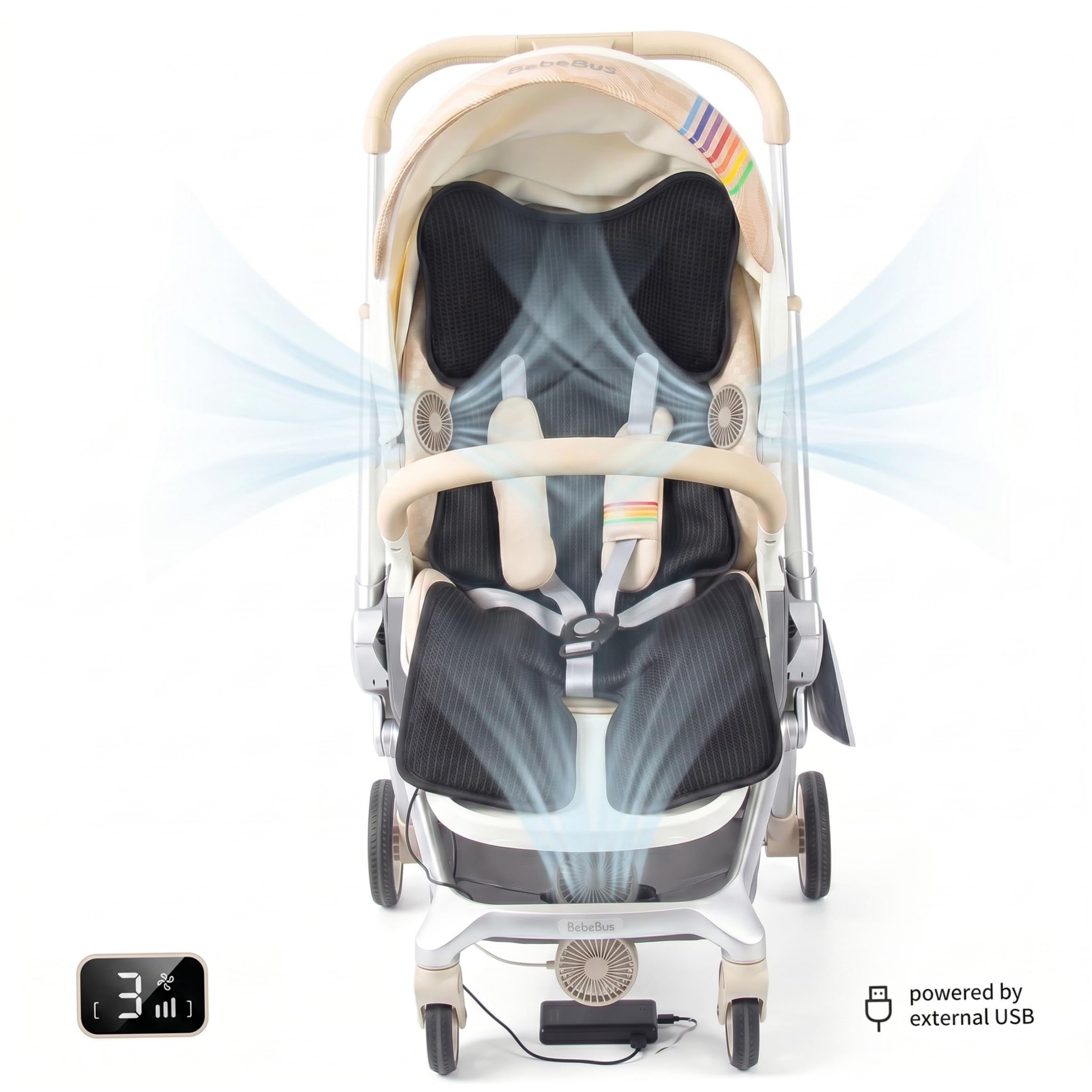 Tappetino di raffreddamento per passeggino, 32 × 15 pollici Tappetino di raffreddamento per bambini 3 velocità e 4 ventilatore incorporato Cuscino di ventilazione alimentato tramite USB Elementi