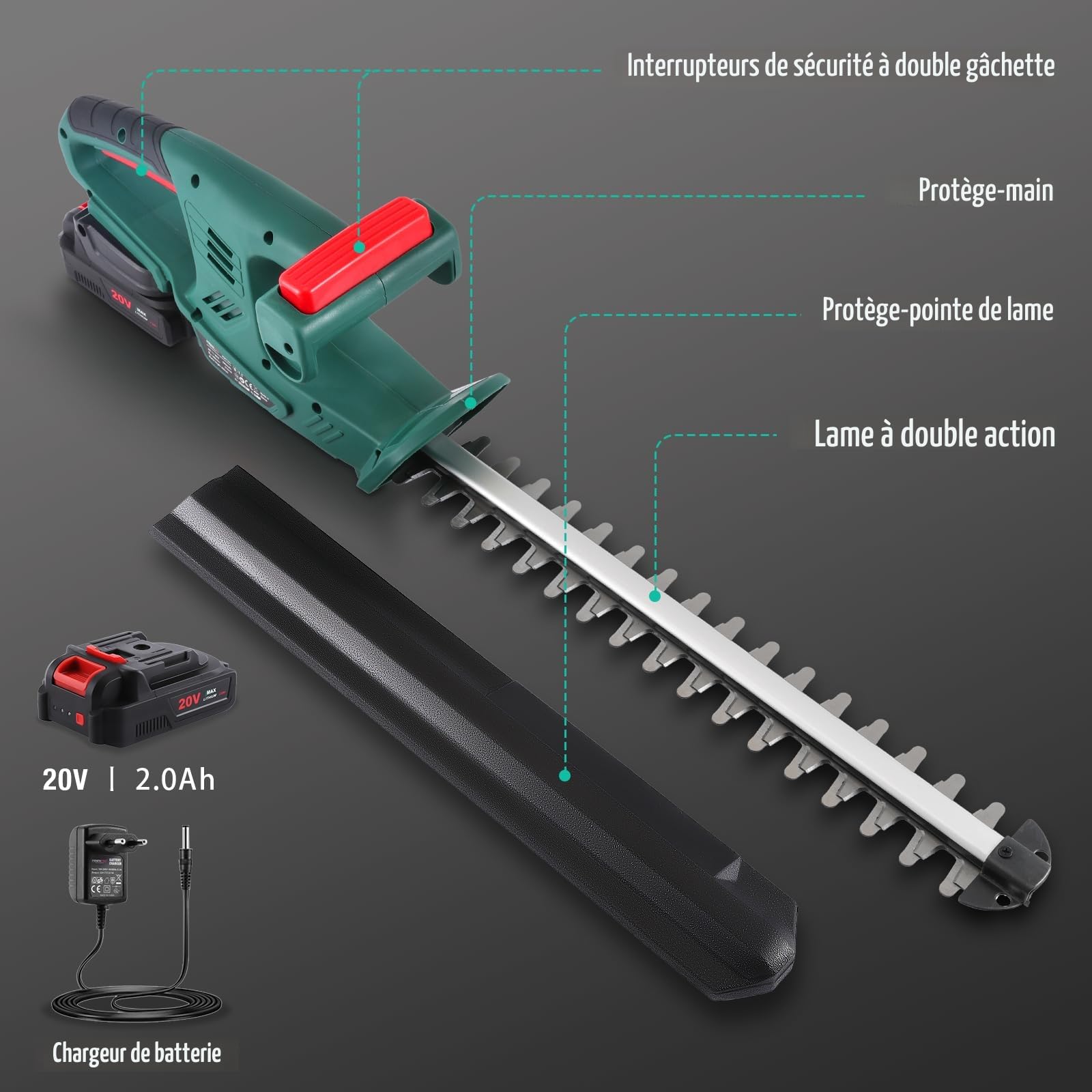 Taille-Haie à Batterie, POSENPRO Taille Haie Electrique avec Batterie 2.0Ah, Lame Double Action de 45 cm, 14 mm Écartement des Dents, Taille-Haies sans Fil 20 V, Idéal pour Les Haies Hautes
