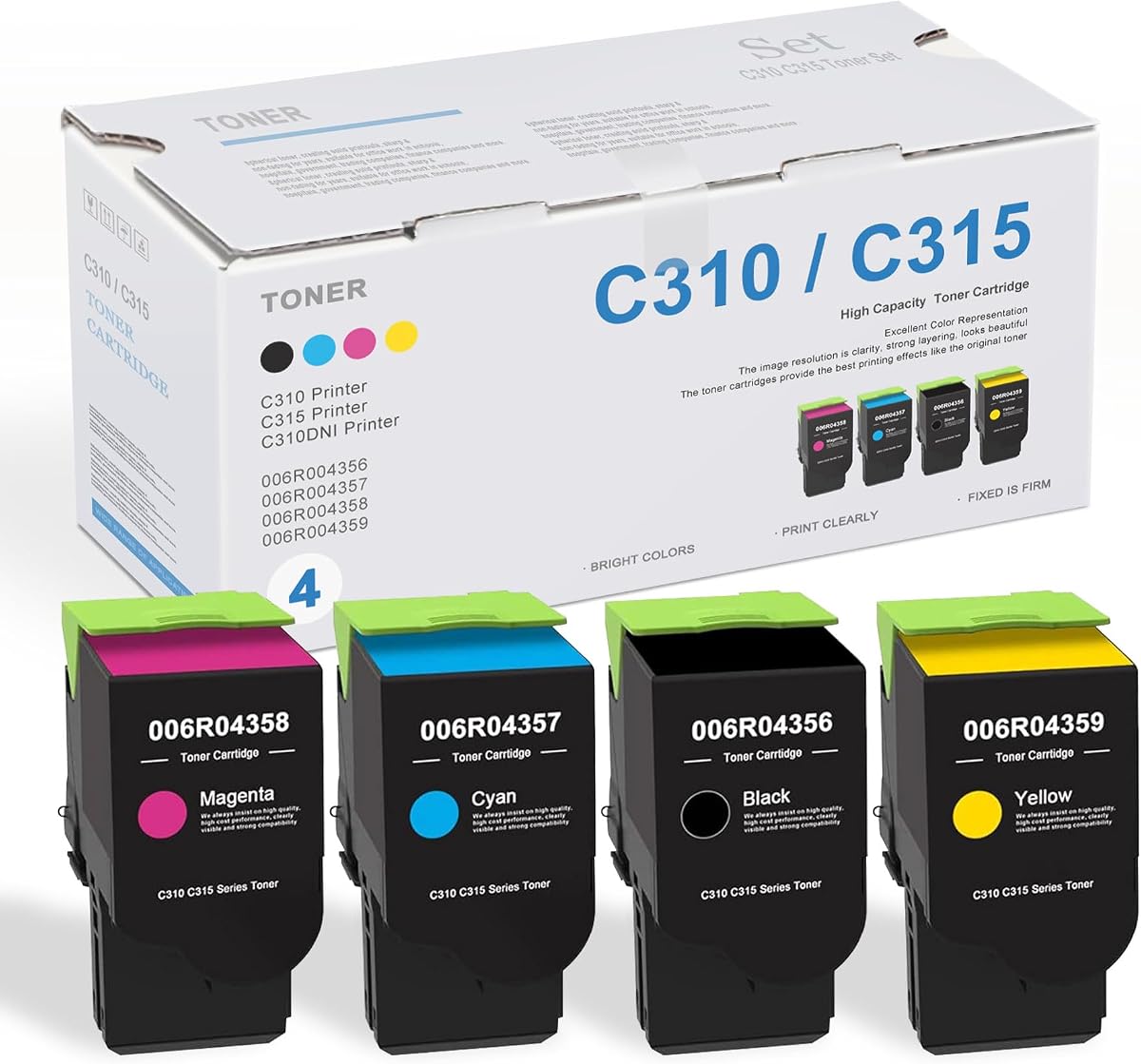 Cartuchos de tóner de alta capacidad C310/C315 (negro, cian, magenta, amarillo, paquete de 4) - Reemplazo de tóner compatible con Uoty 006R004356 006R004357 006R004358 006R004359 para impresora color Xerox C310 C310DNI C315