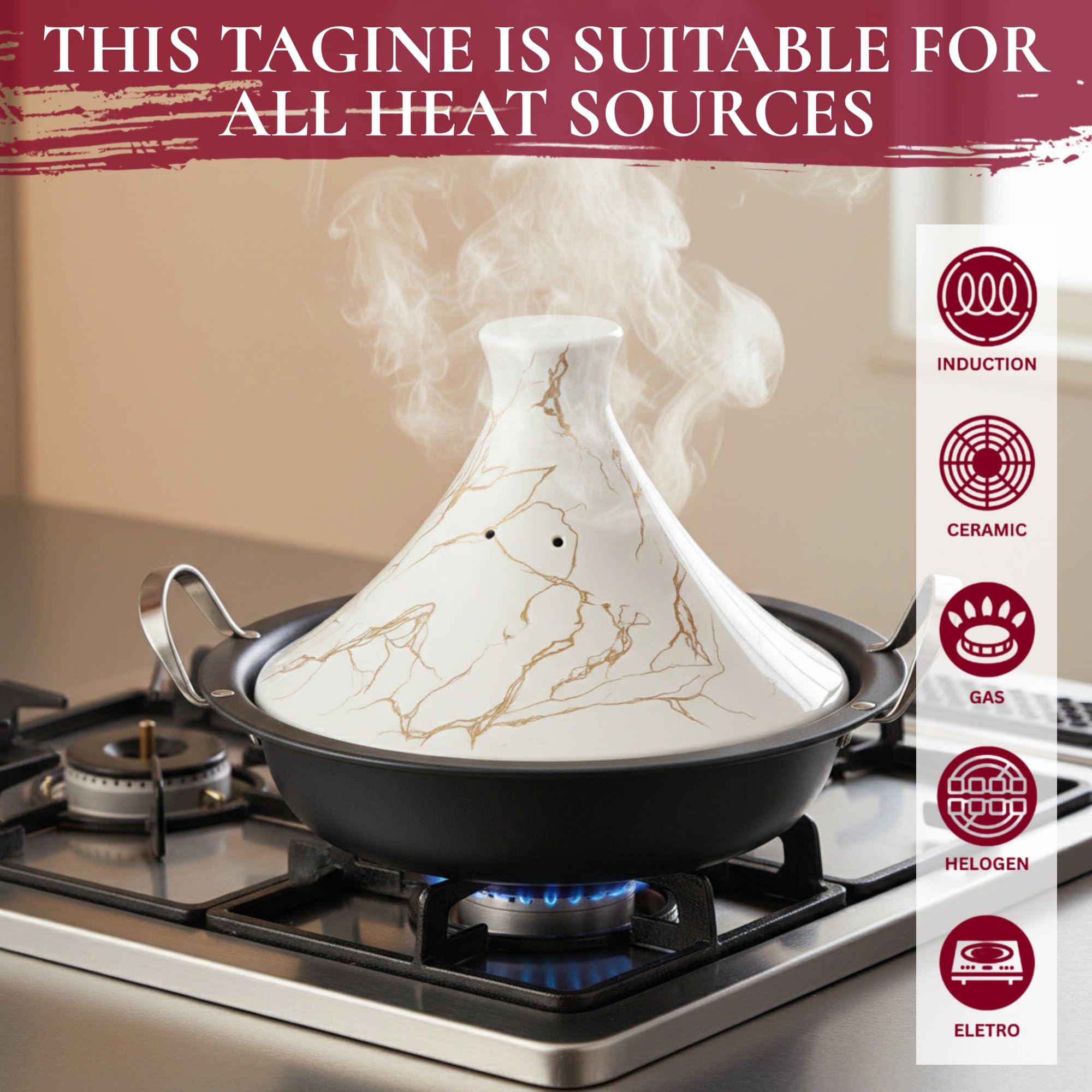 Royal Swiss Tajine 38 cm – Acciaio inox, rivestimento antiaderente, coperchio in porcellana – Adatto a tutte le fonti di calore, induzione, gas, elettrico – Cottura sana