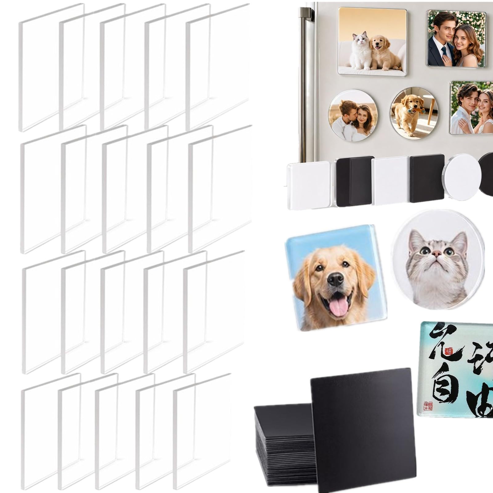 20 Pack DIY Fridge Magnet Kit, Clear Acrylic DIY Refrigerator Magnets with Adhesive Backing for Photos, Custom Picture Magnet Making Craft Set for Kitchen Decor, 4.8 x 4.8 cm