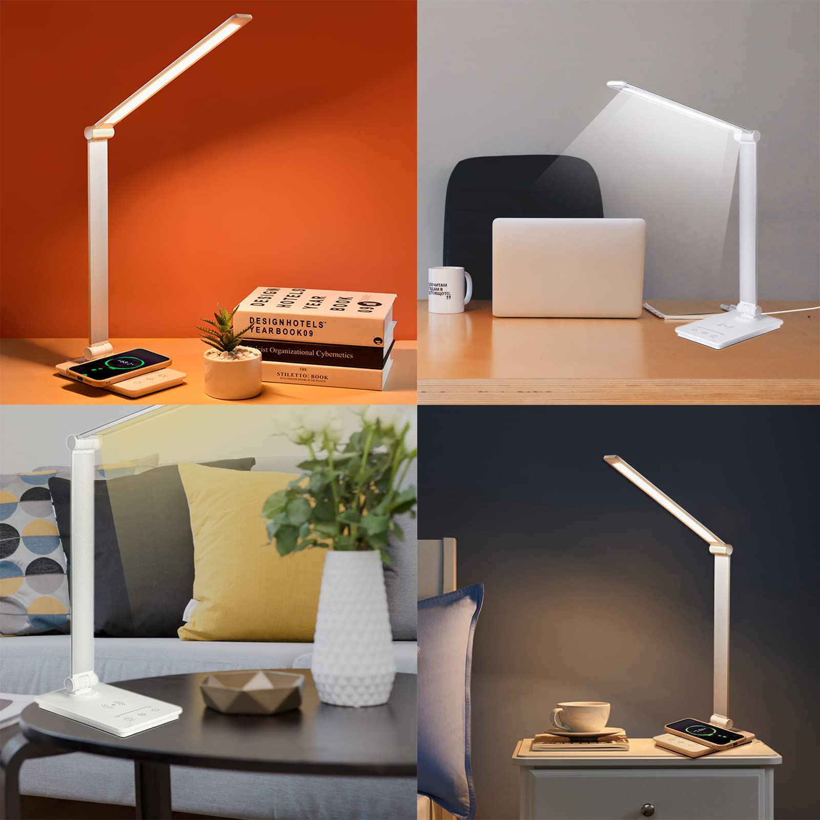 Tischlampe, Schreibtischlampe Büro 5 Farb und Stufenloses Dimmen Tischleuchte mit Wireless Ladegerät und Timmer Nachttischlampe Memory-Funktion Augenfreundliche Leselampe für Arbeit Lernen weiß