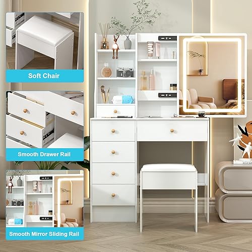 Miniatura 7 de Escritorio pequeño de tocador con espejo y luces, tocador de maquillaje con 6 cajones, 6 estantes y espejo LED deslizante, 3 modos de luz ajustable,