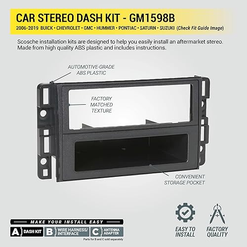 Miniatura 5 de Scosche GM1598B Kit de tablero de instalación de radio de bolsillo doble DIN o DIN simple compatible con vehículos GM seleccionados 2006-2019 -