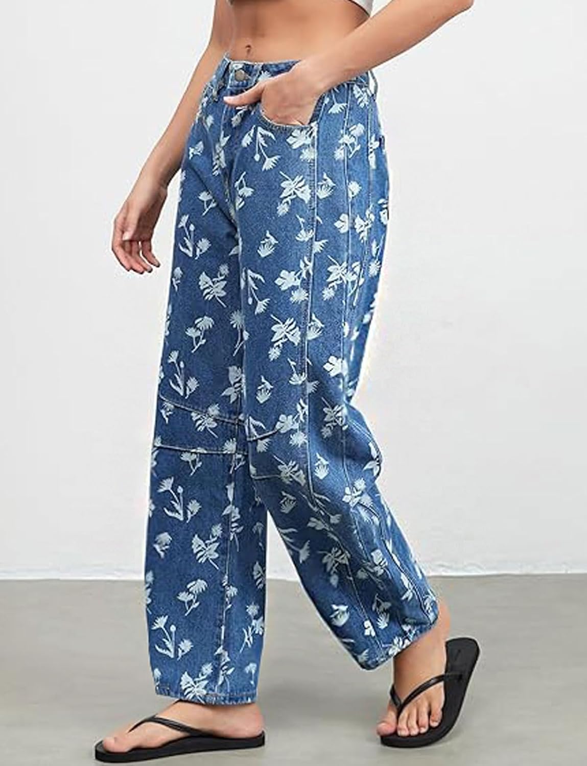 loveimgs Women Boyfriend Mid Rise Floral Print Jeans Denim Ankle Pants Y2k Flower Printed Straight Wide Leg Jeans Sweatpants