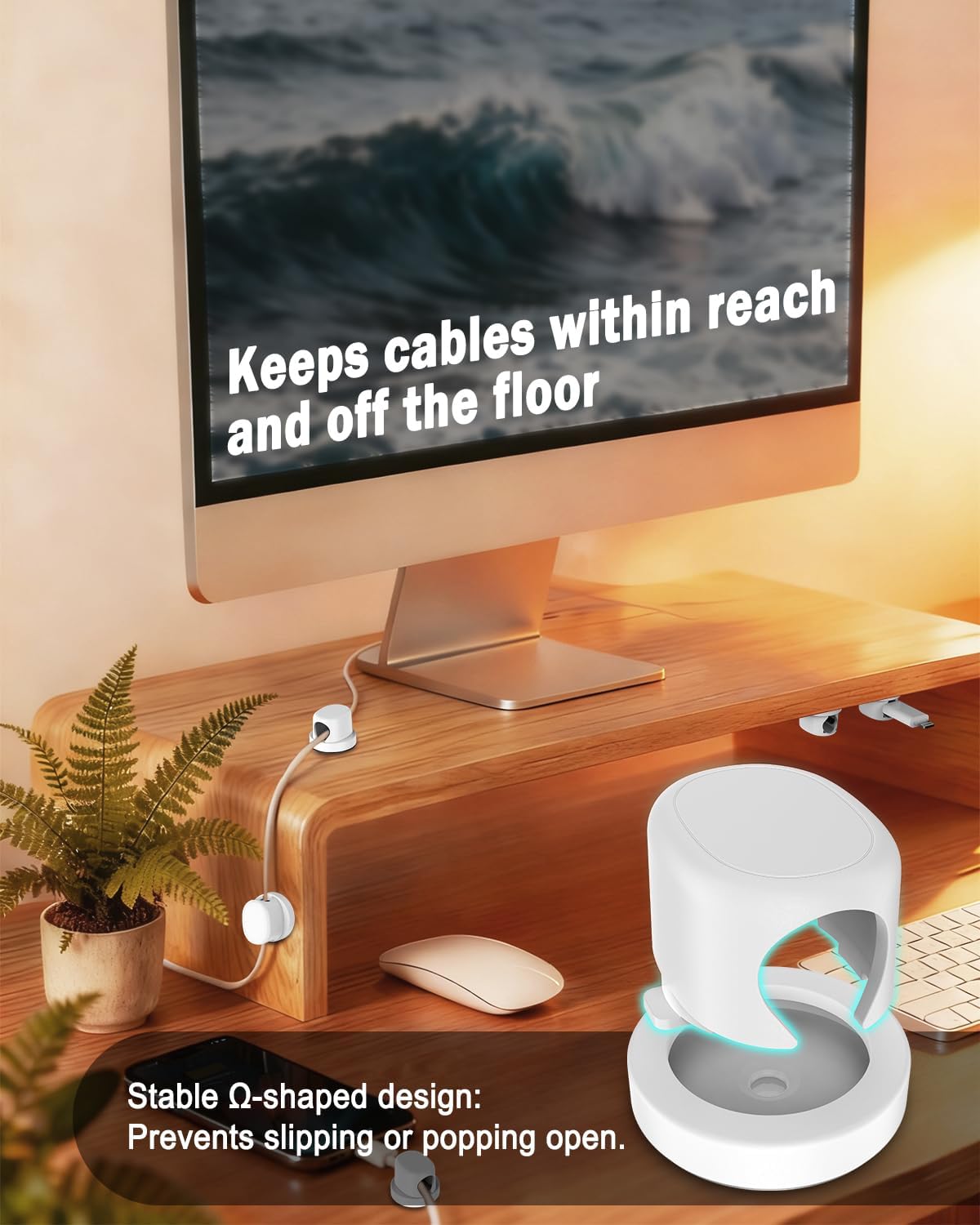 Rotatable Cord Holder, Snap-Lock Cable Clips, 8 Pack Adhesive Cord Organizer, Phone Charger Wire Organizer Keeper for Nightstand Car Kitchen Office Accessory,White image 2