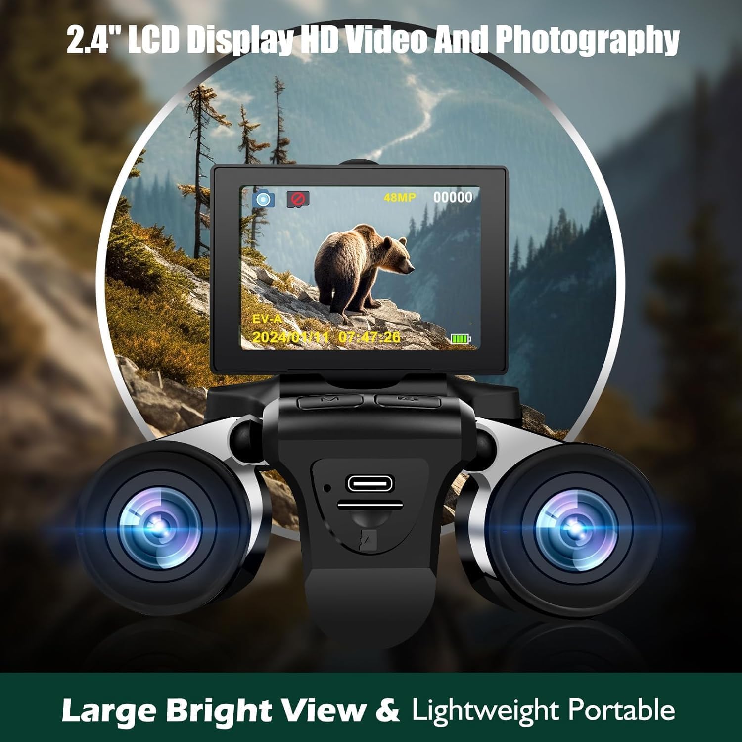 Jumelles d'appareil photo numérique 2 en 1 pour adultes, 12 x 32 HD avec écran LCD de 2,4", enregistrement vidéo 48 MP et 2,5 K, zoom numérique 8X pour observation des oiseaux, concerts, voyages 16 Go