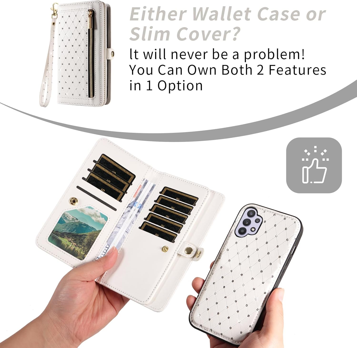 Phone Case for Samsung Galaxy A32 5G 2021 6.5 inch Zipper Wallet Detachable Cell Cover with Screen Protector Crossbody Strap Bling Flip Credit Card Holder M32 G5 A 32 32A SM-A326U A326U Women White