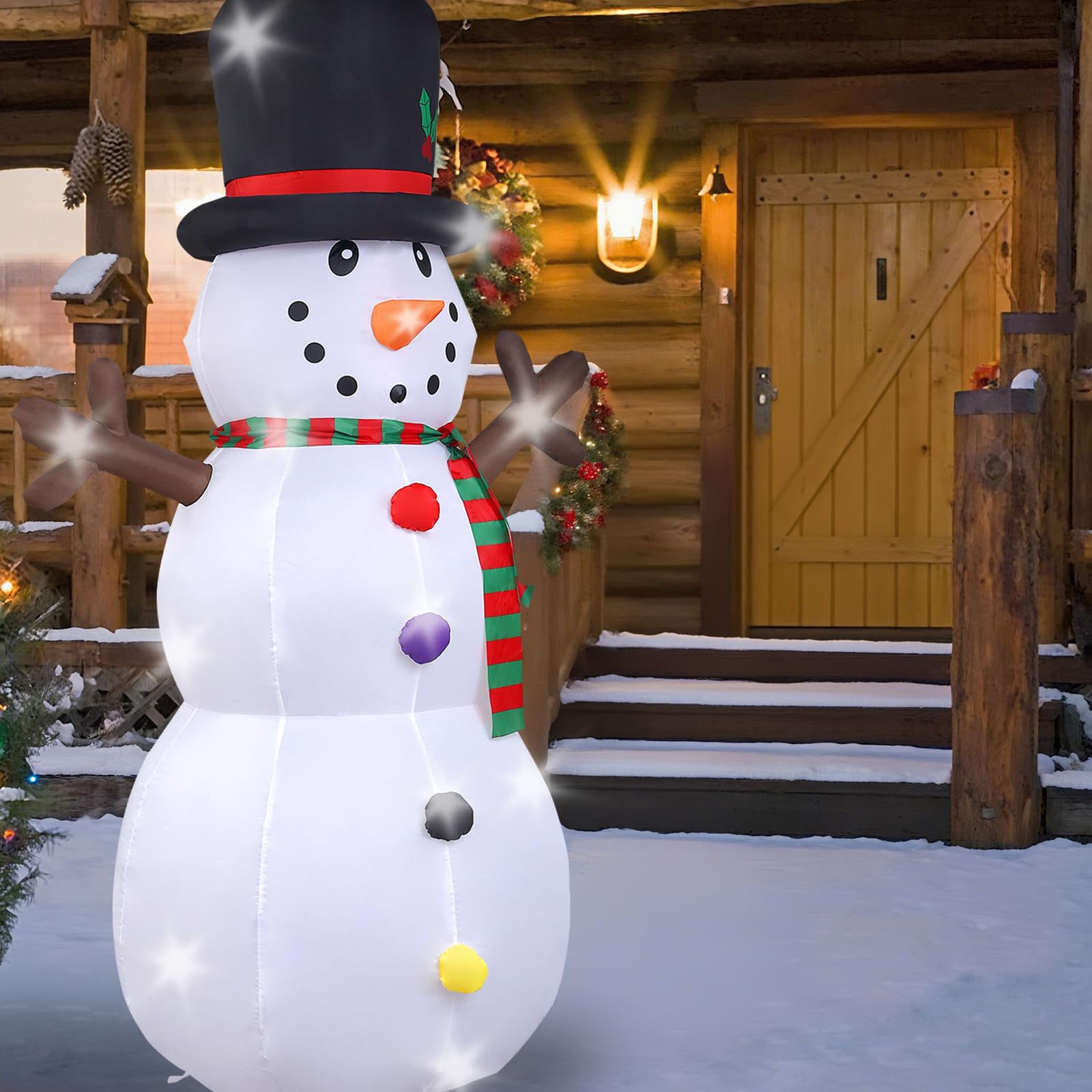 Bonhomme de Neige de Noël Gonflable, 240cm Bonhomme de Neige avec Lumières LED, Décoration de Noël avec des Pieux de Cordes Fixes, Décoration du Modèle pour Jardin Fête Intérieur Extérieur -1250mA/15W