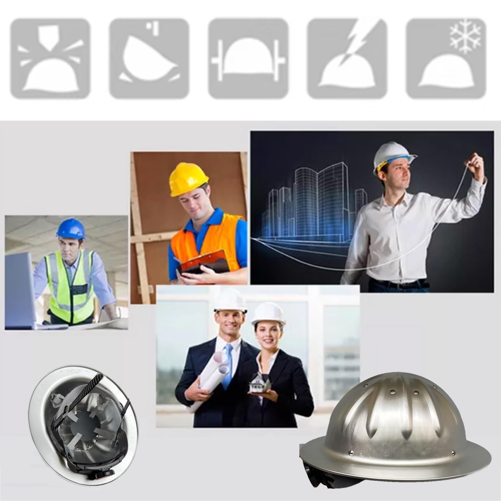 Casco da cantiere ad alta resistenza in lega di alluminio a tesa larga, cappello da lavoro all'aperto, casco in metallo, fodera per il sudore rimovibile regolabile e sottogola con fascia per cappello
