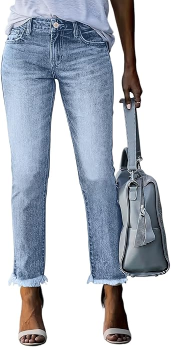 Women Boyfriend Jeans High Waist Stretchy Ripped Jeans Trendy Raw Hem Straight Leg Jean Distressed Denim Pants