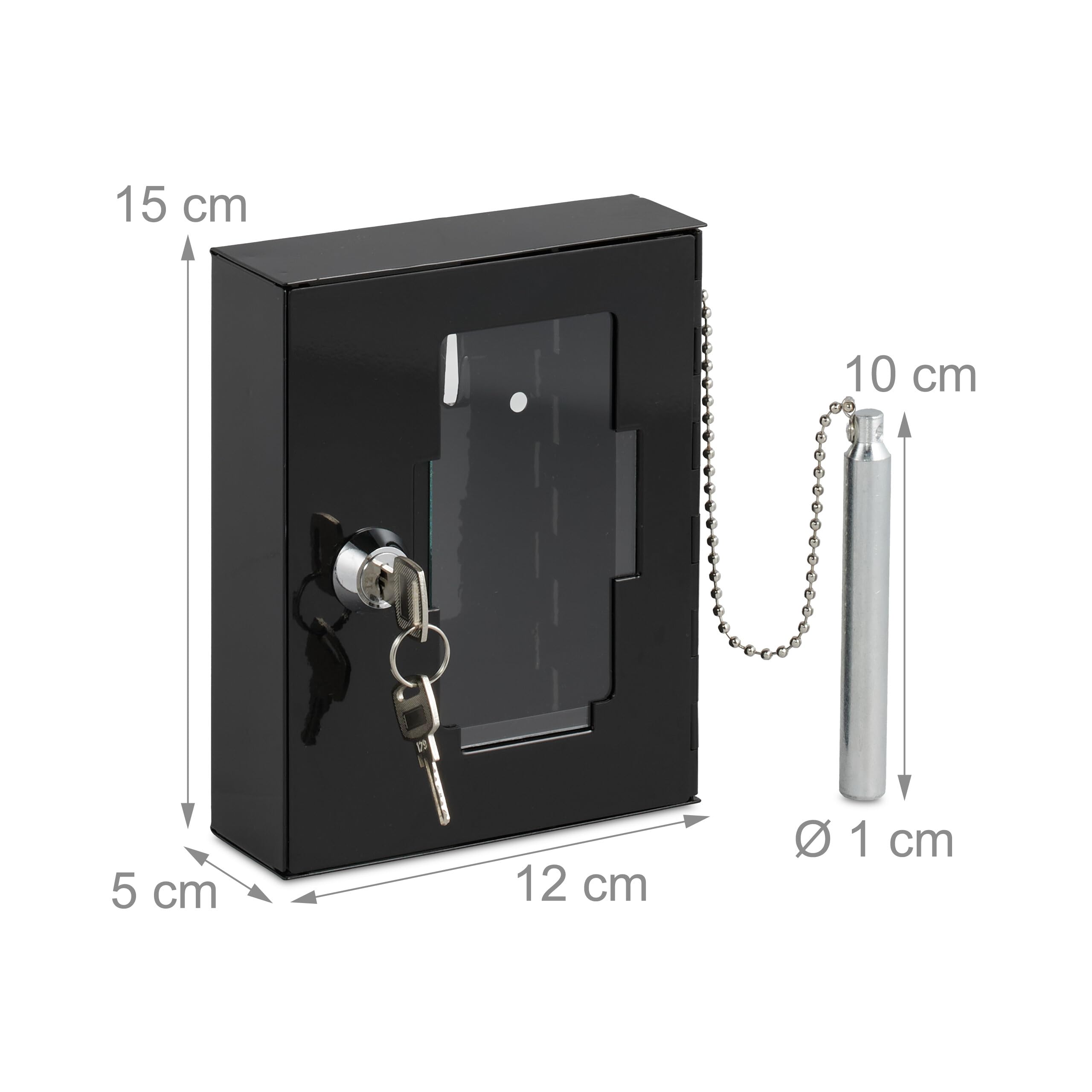 Relaxdays Caja para Llave de Emergencia, Cajetín con Ventana de Cristal y Martillo, Cerradura, Portallave Metal, Negro, 15 x 12 x 5 cm