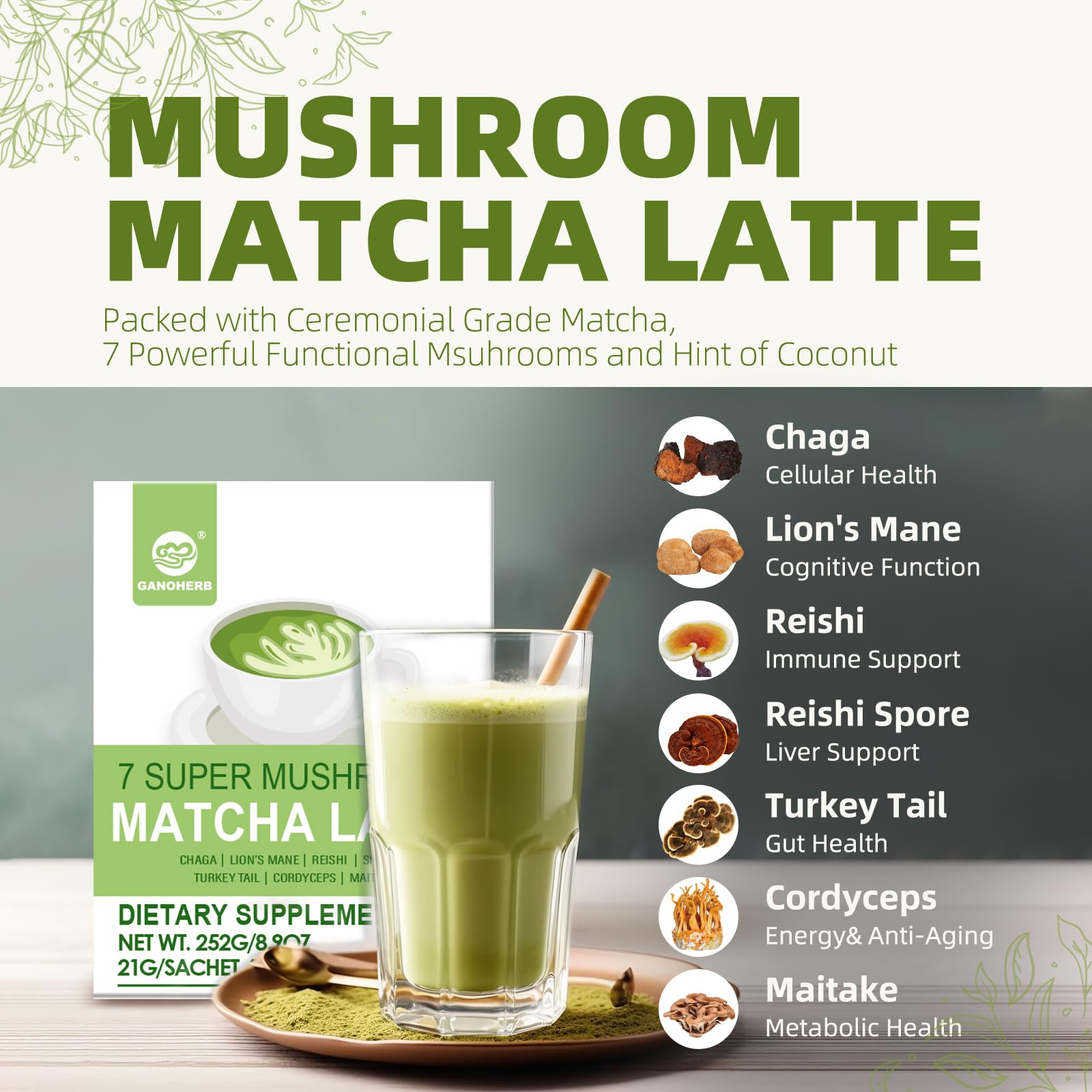 GANOHERB Mushroom Matcha Powder Latte Mix 7 4 Ounce 7 Superfood Mushrooms with 25 Beta-Glucans Lions Mane Reishi — view 4