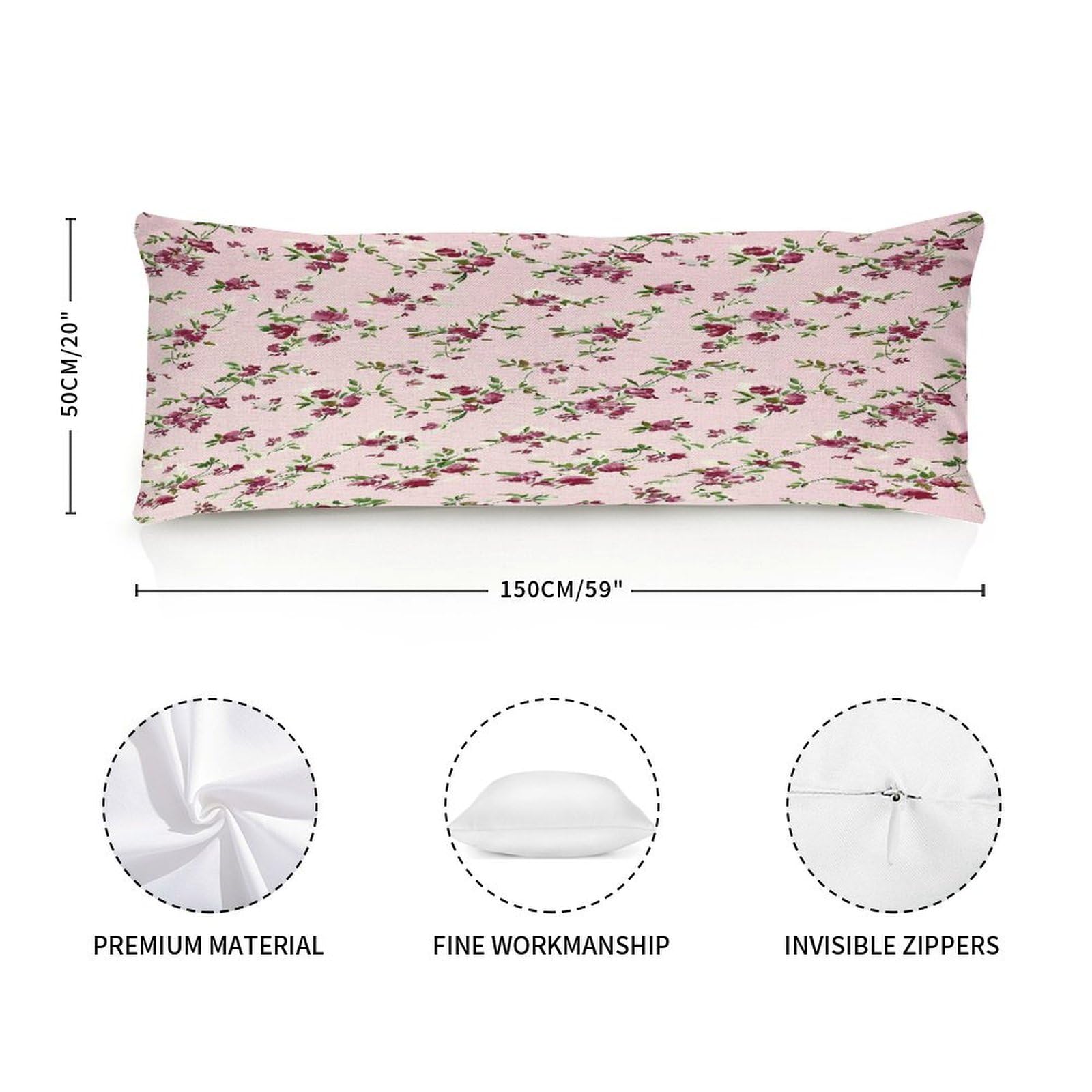 Rebbygena Pink Flowers Pattern Decorative Long Body Pillow Cover Case with Zipper for Bedding Sofa Hotel Home Decor,20x59in Long Pillowcase Birthday Gifts for Adults Pregnant Women Kids Girls Teens