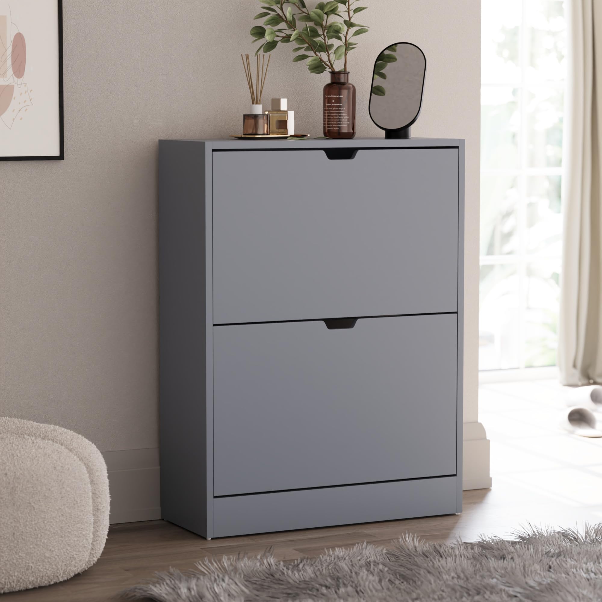 Vida Designs Shoe Cabinet, Wooden Shoe Storage Unit with 2 Flip Drawers, Multifunctional Dust-Proof Space-Saving Slim Cupboard for Hallway or Entryway, 100% FSC Certified (Grey)