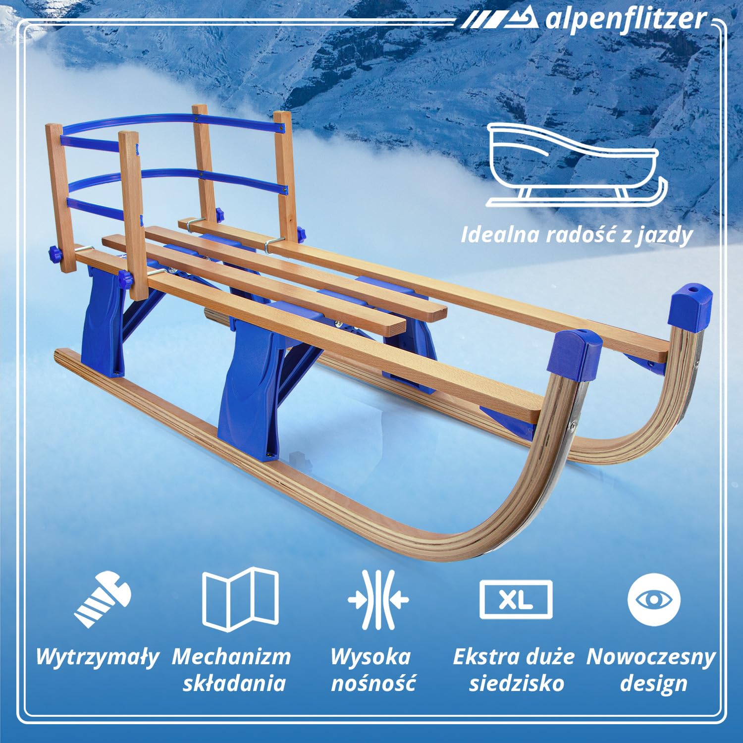 Holzschlitten 110 cm Davoser Rodel Faltbarer Klappbarer Kinderschlitten; Premium Holz-Schlitten aus Buchenholz Klappschlitten Optional mit Lehne (Modell 24/25)