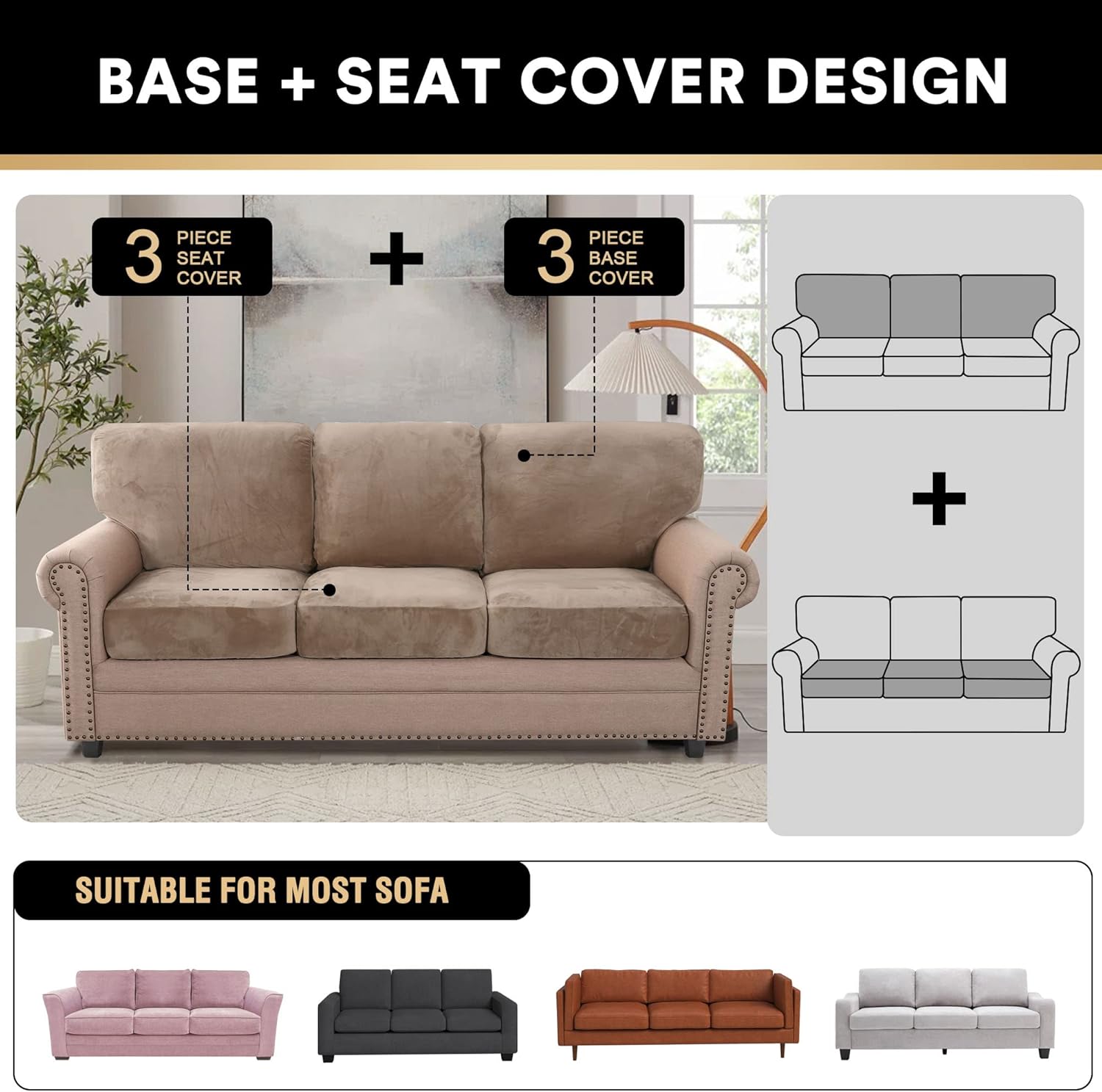 PrinceDeco 2023 New Trend Multi-Pieces Sofa Covers Velvet Couch (3 Seat Plus 3 Back Cusion Covers) for Cushion Cover Dogs, Machine Washable(Sofa, Taupe), (PART-PDYHRZH-3TAUPE)