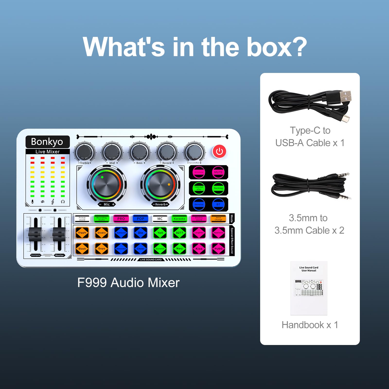 F999 White Live Streaming Sound Card, Professional Audio Mixer, Voice Changer Soundboard with Audio Interface, Bluetooth, Noise Reduction, DJ Mixer Board for Live/Podcasting/Gaming
