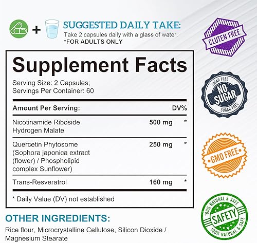 Miniatura 6 de Suplemento NAD para hombres y mujeres  Ribosida de nicotinamida liposomal, quercetina, suplemento NAD+ con resveratrol 910 mg  Apoya músculo,