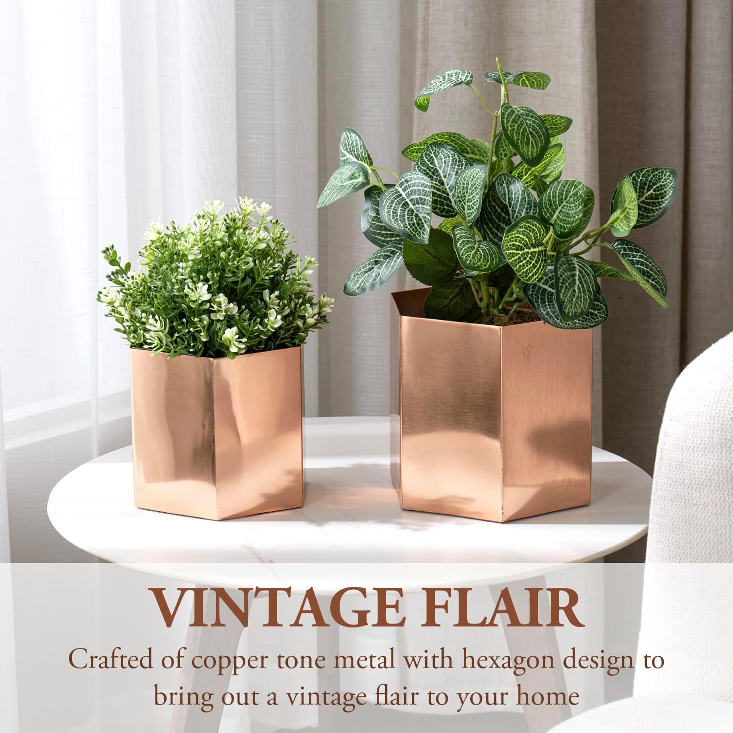 MyGift Handcrafted Metallic Shiny Copper Tone Metal Indoor Plant Vase Pot with Hexagon Shape, Decorative Succulent Cactus Planter Container, 2 Piece Set - Handmade in India