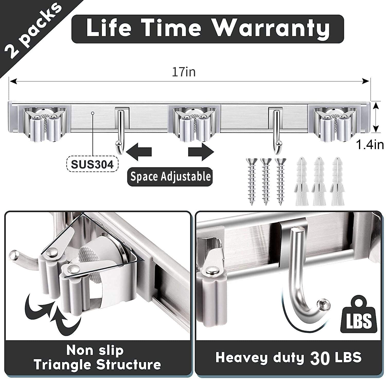 Besen- und Mopphalter, Wandmontage, 43,2 cm, robust, 2 Packungen Gleitschienen, 2 Haken, 3 Clips, hält bis zu 10 Werkzeuge, Metallkammer, Organisation und Aufbewahrung, Gartenwerkzeug