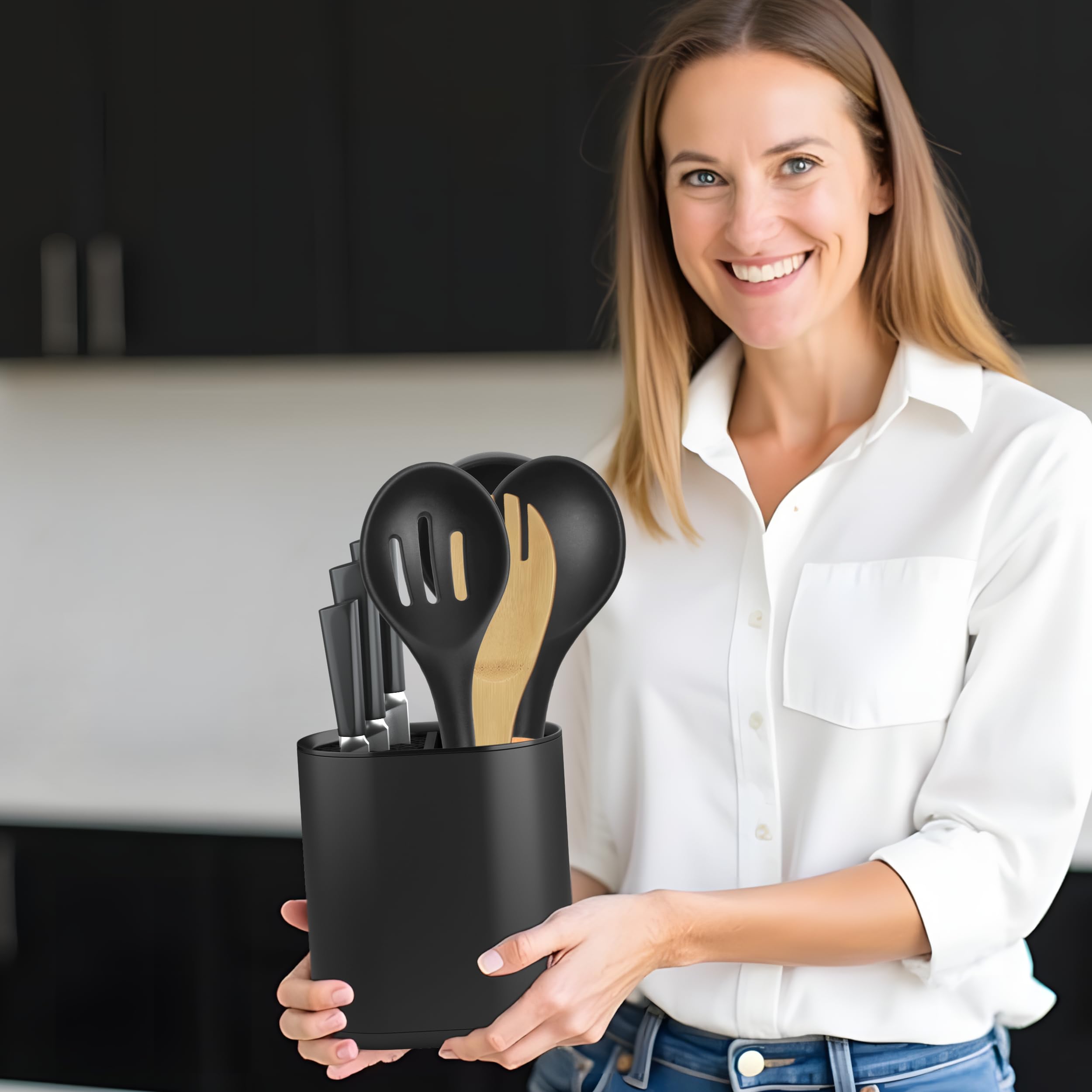 Porta Mestoli e Ceppo Coltelli da Cucina, Porta Utensili Moderno in Plastica Nero Opaco, Organizzatore per Coltelli e Mestoli, Design Compatto e Elegante