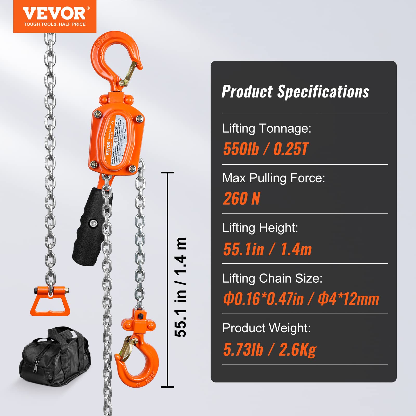 VEVOR Mini Palan à Levier Manuel 0,25 T Palan à Chaîne à Cliquet Manutention Levage 1,4 m Acier Carbone G80 Frein Weston Double Cliquet Guidage Chaîne Crochet 360° pour Marchandises Garage Quai Usine
