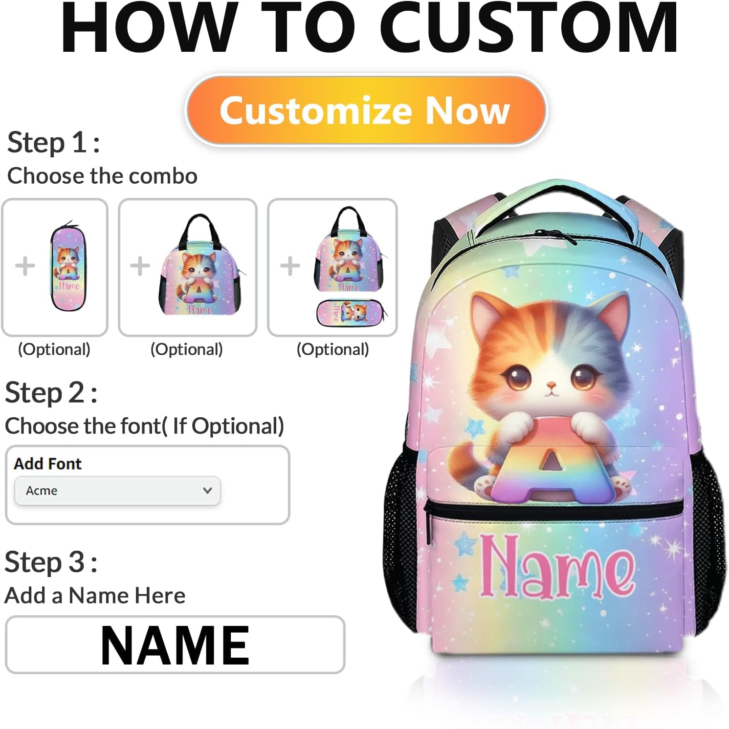 Backpacks for Kids, Cat School Backpack for Girls 6-8, Personalized Initial Letter Bookbag for Teens Children, 17 Inch Lightweight Schoolbag for Kindergarten Primary Elementary, Back to School Gifts