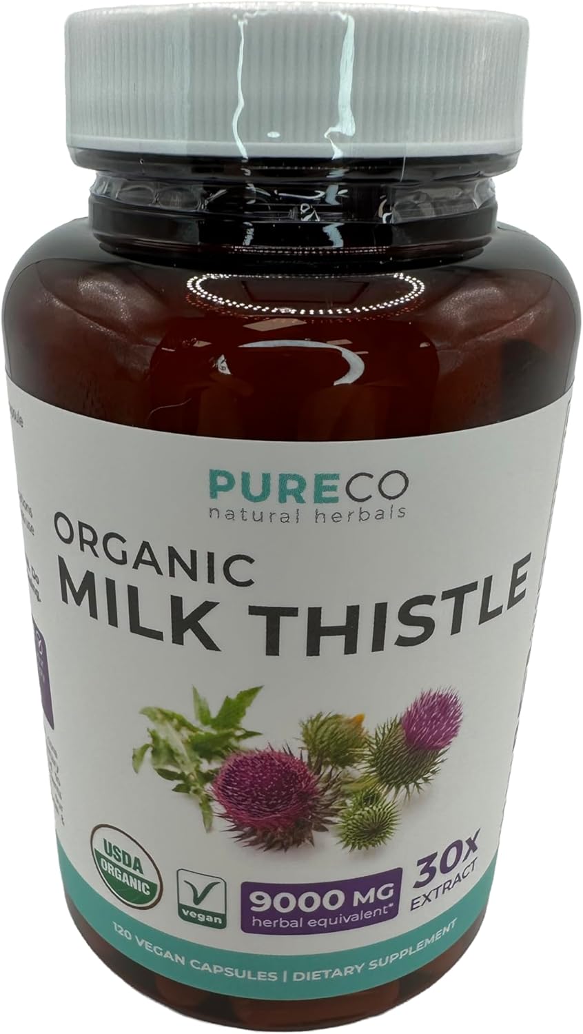 PURE CO USDA Organic Milk Thistle Capsules - 80% Silymarin Supplement for Liver Support- Super Concentrated 300mg of 30:1 Milk Thistle Extract Liver Detox 120 Day Supply