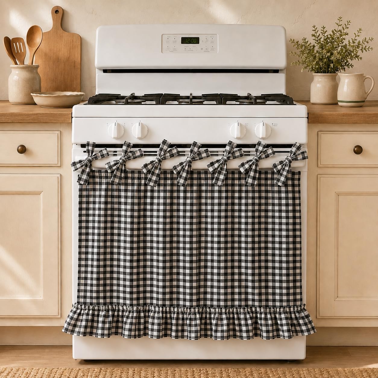 Farmhouse Oven Curtain for Kitchen Decor, Handmade Ruffled Oven Skirt Cover with Ribbon Ties, Rustic Appliance Cover for Stove Dishwasher Cabinet, Sage Green