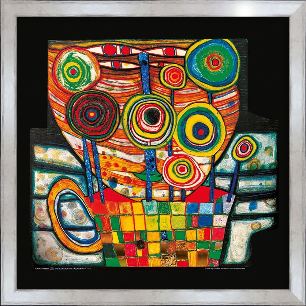 artissimo Premium-Kunstdruck gerahmt 53x53 cm AG4687 – Friedensreich Hundertwasser Das Dingsda wächst im Blumentopf – Bild mit Rahmen, Wandbild, Poster, Wanddekoration