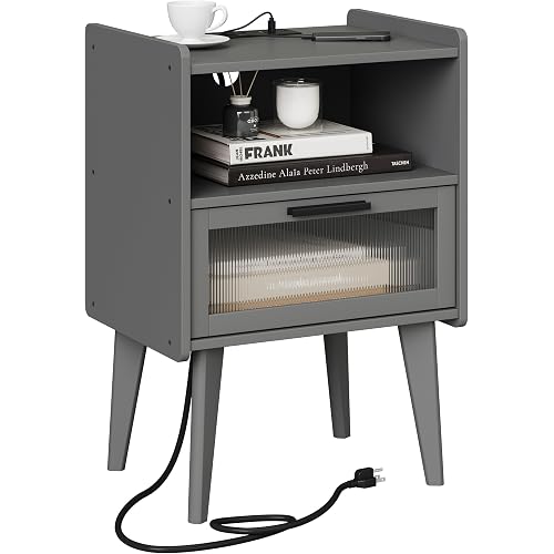 MMEOLUOOK Nightstand with Charging Station, Bedside Tables Grey End Table Side Table with 2 Tiers Storage Space, for Bedroom Living Room CAMLBZ07ZE