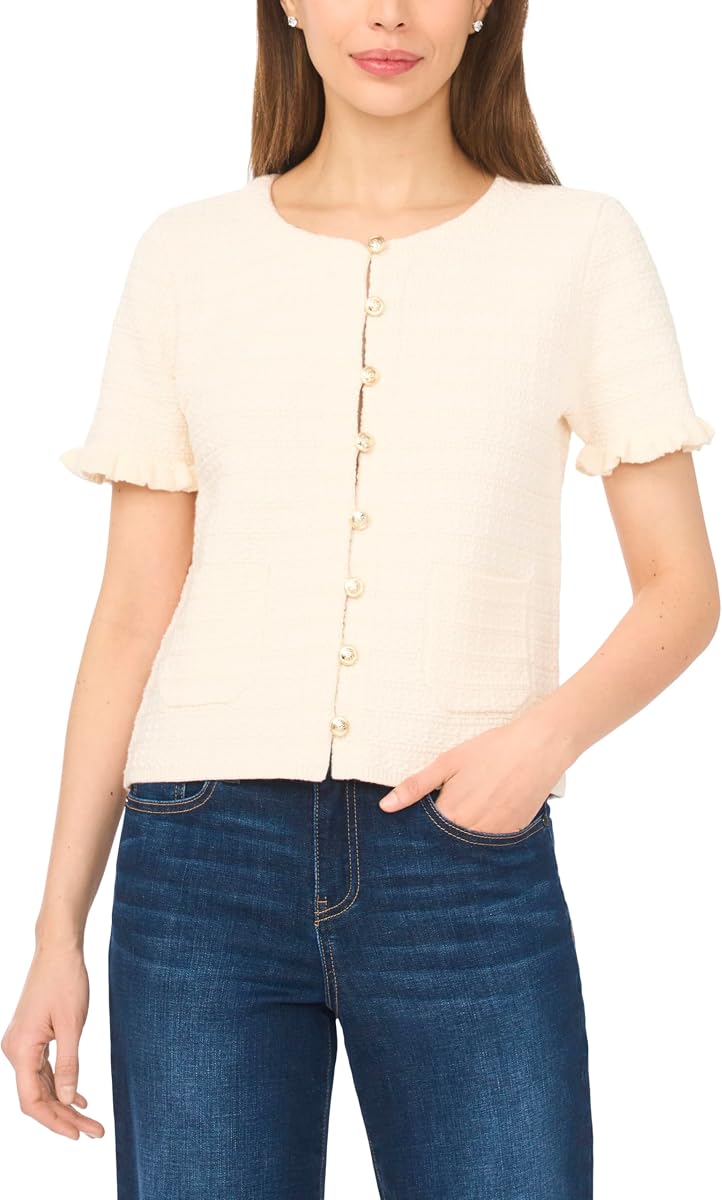 CeCe Women's Short Sleeve Textured Patch Pocket Sweater