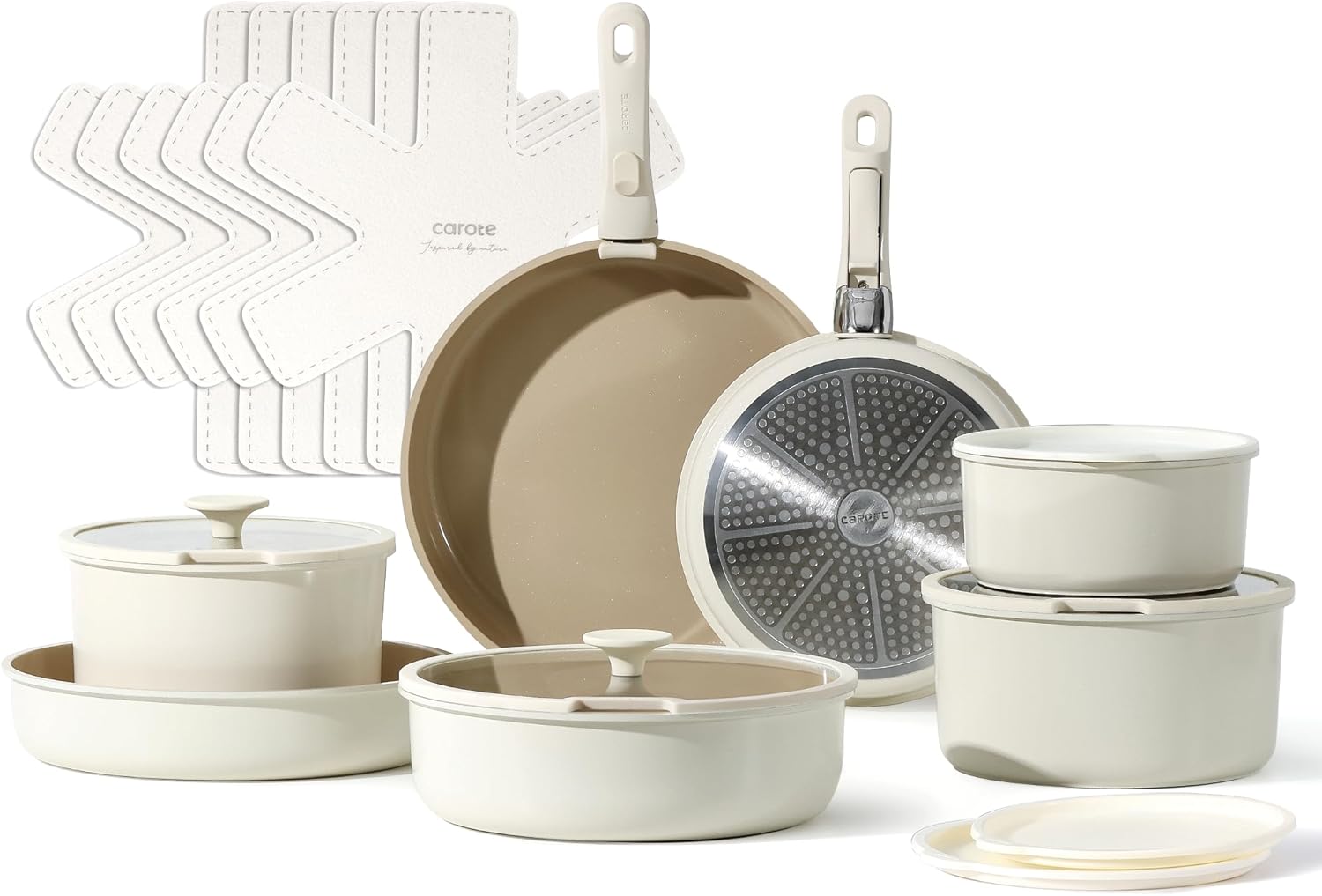 CAROTE 21pcs Detachable Handle Pots and Pan Set, Ceramic Nonstick Induction Cookware, Removable Handle, RV Oven Safe Cookware, Beige