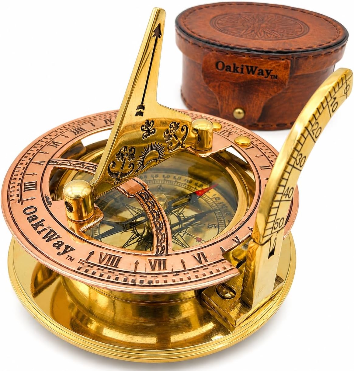 Brass Sundial Compass in Leather Case - Nautical Gifts for Men, Antique Sailing Anniversary Gadget for Him, Unusual Unique Nautical Decor, Naval Maritime Pocket Watch Clock (2.7" Inch)