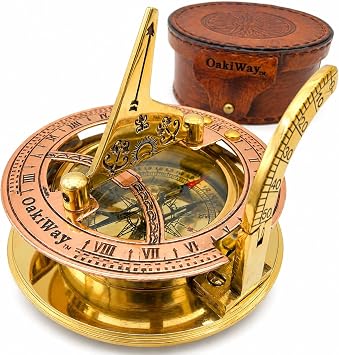 Brass Sundial Compass in Leather Case - Nautical Gifts for Men, Antique Sailing Anniversary Gadget for Him, Unusual Unique Nautical Decor, Naval Maritime Pocket Watch Clock 2.7" Inch