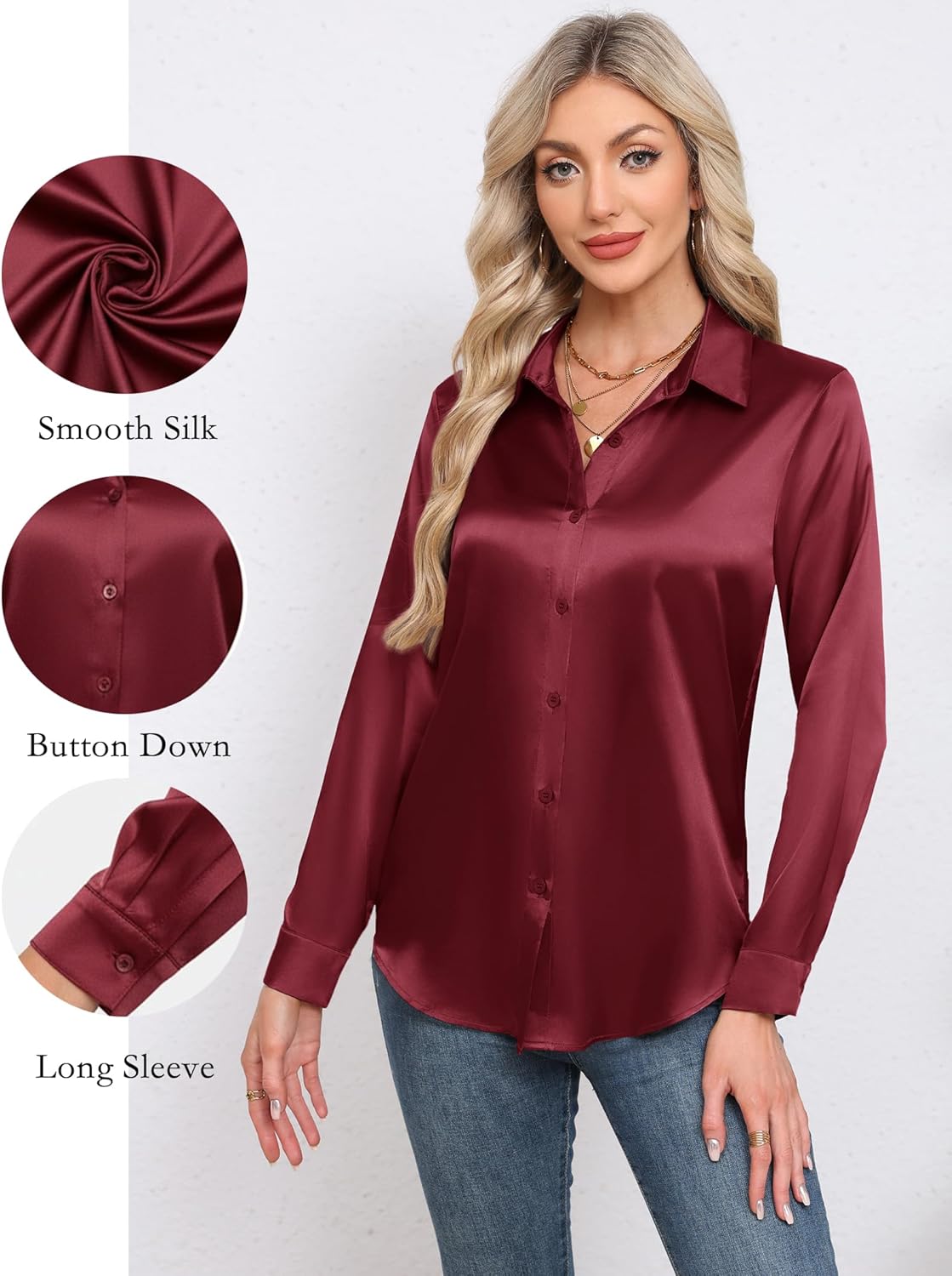 HOTOUCH Button Down Shirts for Women Satin Silk Collared Dressy Casual Blouses Loose Long Sleeve Office Work Tops - Image 4