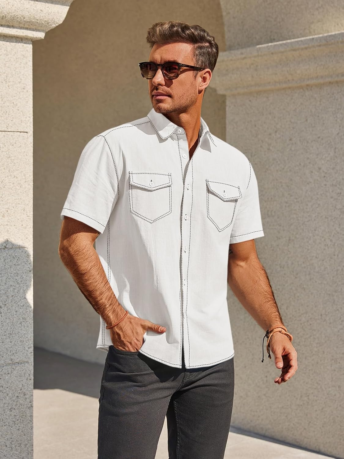 Runcati Mens Button Down Shirts Short Sleeve Casual Cotton Linen Shirt Western Cowboy Tops with Pockets - Image 4