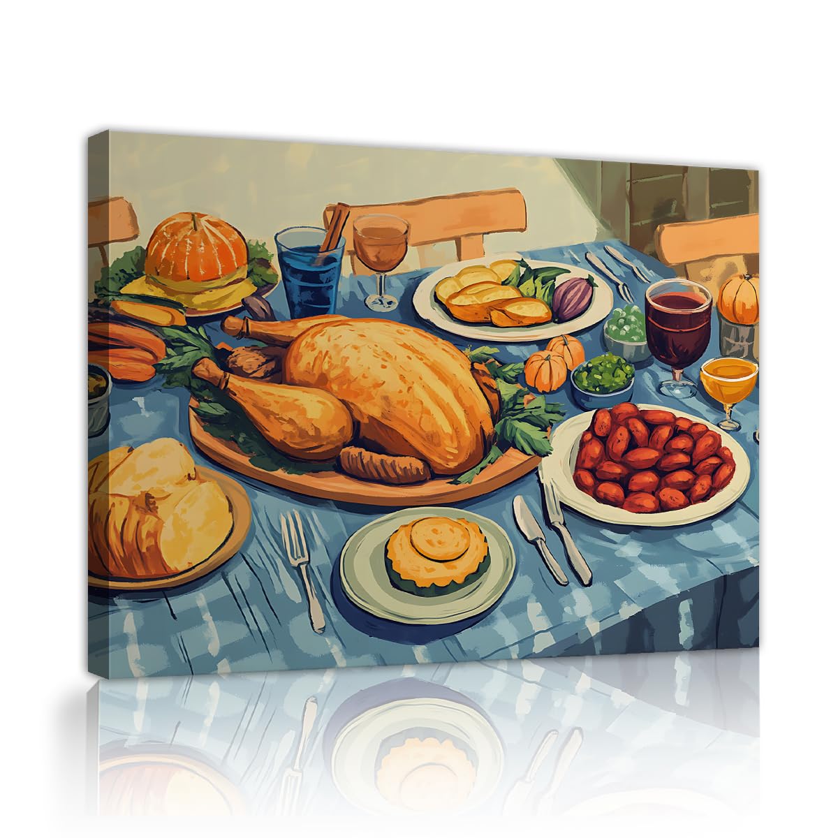 TOANGWALL Rustic Thanksgiving Feast Canvas Wall Art Dining Room Roasted Turkey Pumpkin Dinner Food Picture Mural for Kitchen Cafe Decor 85x100cm