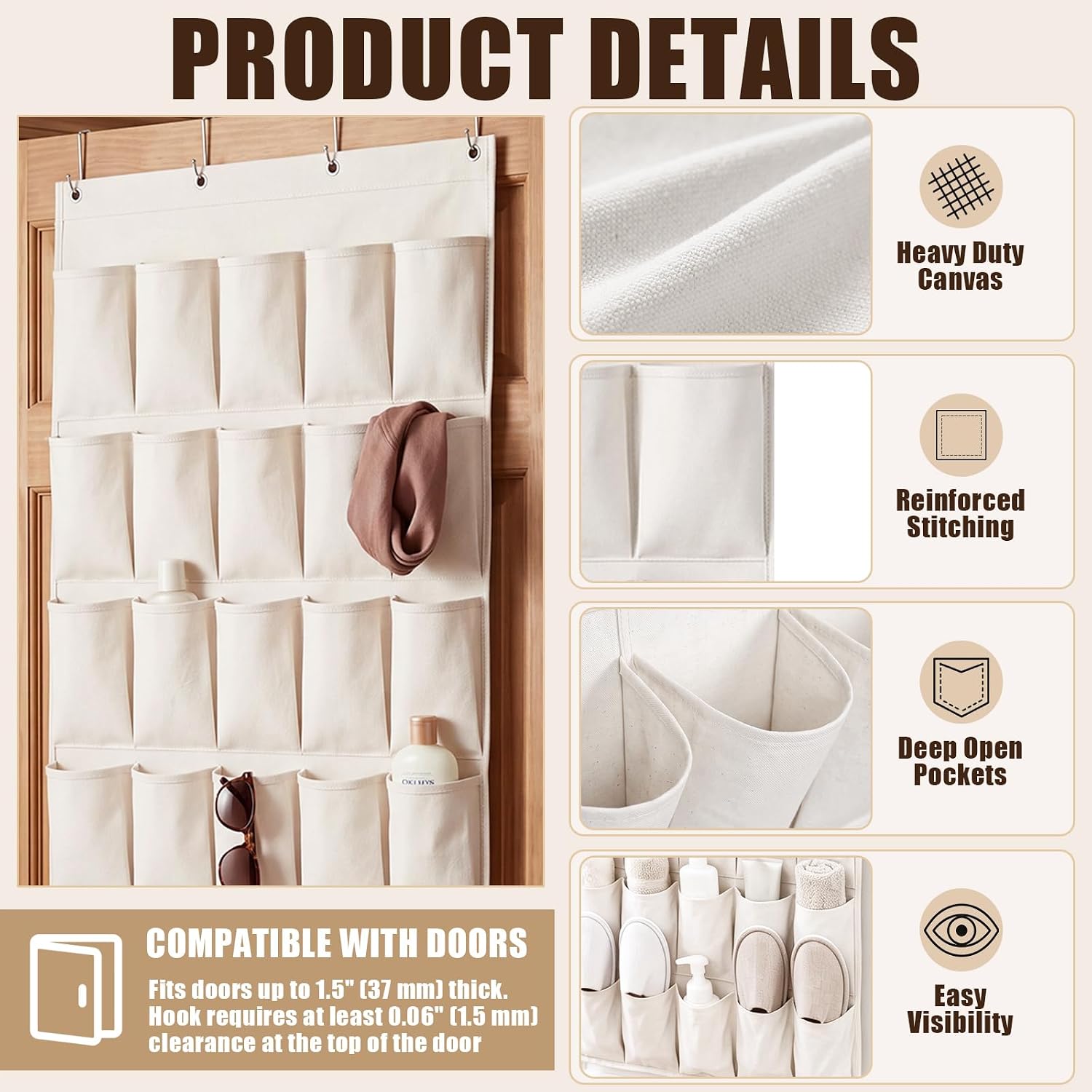Pinkunn 40 Pocket Over The Door Shoe Organizer, Natural Canvas, 73" x 27.5"