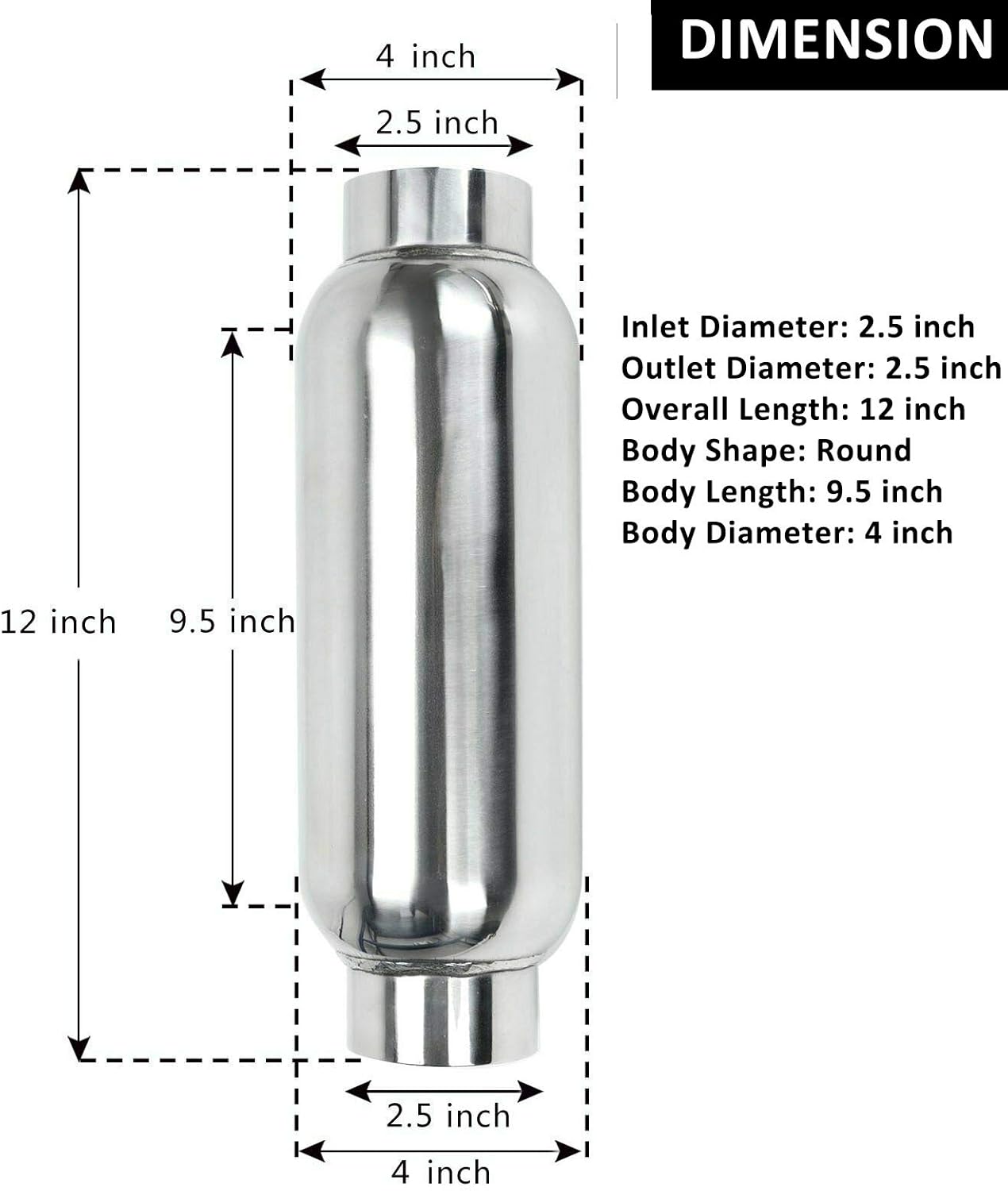 2.5 Inch Inlet 2.5 Inch Outlet Muffler, Pair of Universal Stainless Steel Weld-on Exhaust Muffler/Resonator Deep Sound for Cars, 12" Overall Length