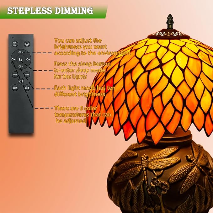 JHuiLap Tiffany Style Table Lamp,12x14 inches Stained Glass Lamp with Remote Control, Regulation Colors Temperature and Brightness,Orange Style Tiffany Mushroom Lamp for Bedside photo 3