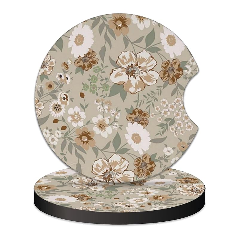 Porta-copos automotivo redondo KARREAL em neoprene com estampa Vintage Floral Dasiy, 6,99 cm, kit com 2 unidades