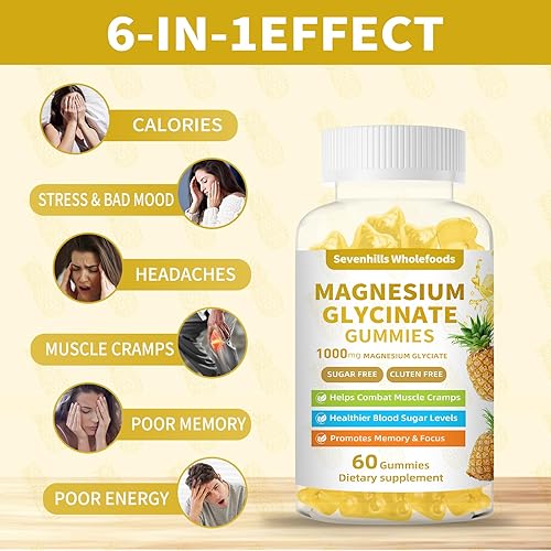 Miniatura 4 de Gomitas de glicinato de magnesio de 1000 mg, suplemento de magnesio y potasio sin azúcar para relajación, calma, alivio del estrés y apoyo