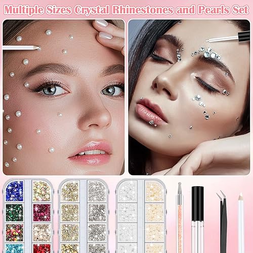 Miniatura 2 de 4504 piezas de gemas faciales y perlas con pegamento para maquillaje, joyas de ojos, gemas de maquillaje, perlas blancas y beige con herramientas de