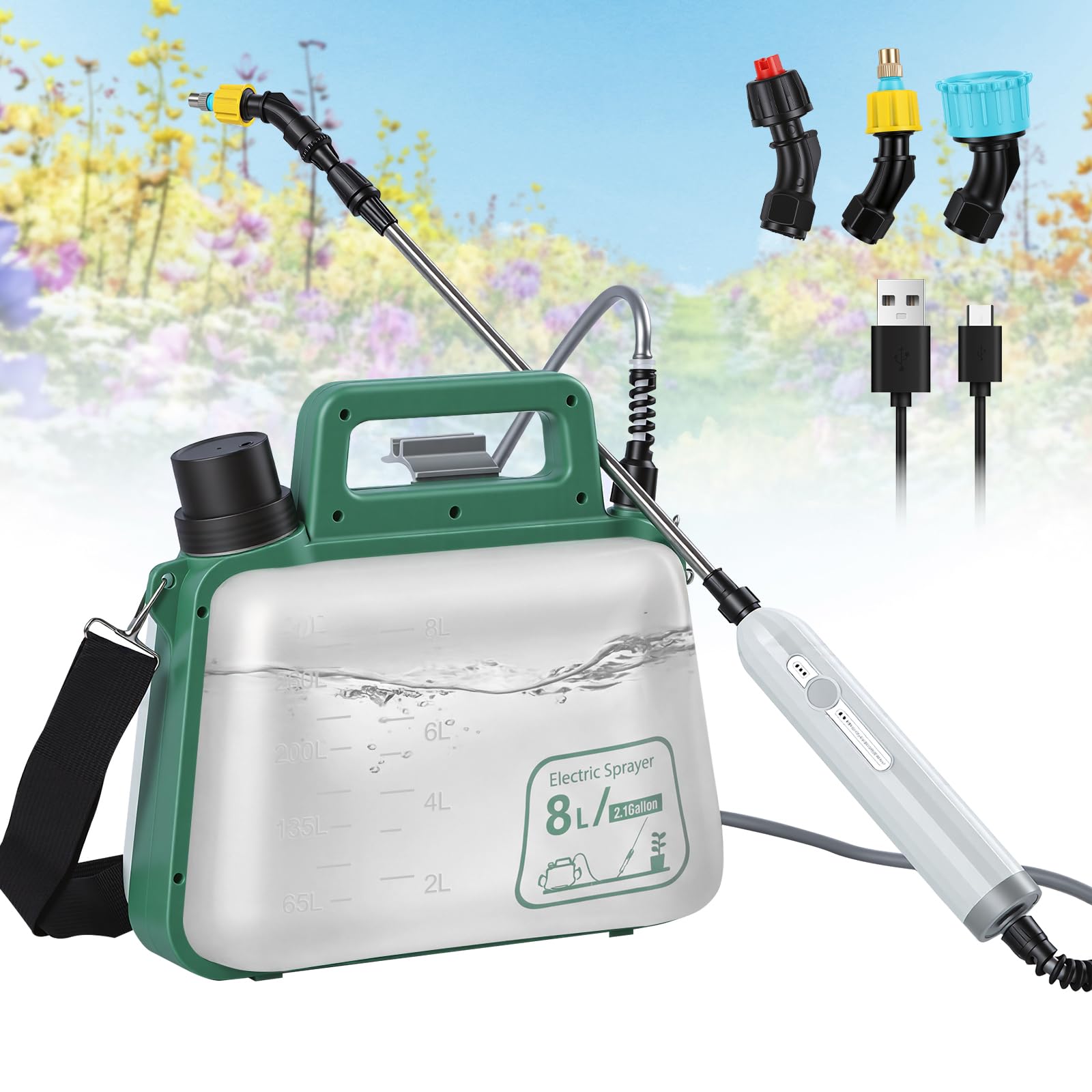 Panana 8 Litre Electric Sprayer Battery Powered with 3 Mist Nozzles Portable Garden Weed Water Sprayer with Retractable Wand, USB Rechargeable Handle, Shoulder Strap for Outdoor